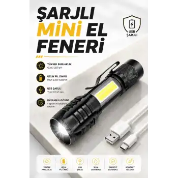 El Feneri Led USB Şarjlı Zoom Mini Led Işık Acil Durum Feneri