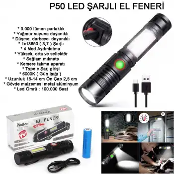 Geniş Açılı P50 Led Şarjlı El Feneri  Wt-601