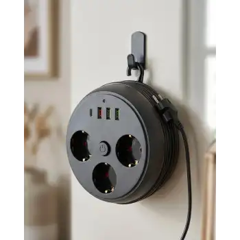 Güvenli Çoklu Priz 3 Priz 3 USB 1 Type C Termal Koruma Uzun Kablo