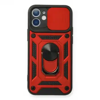 İphone 12 Mini Kılıf Pars Lens Yüzüklü Silikon - Kırmızı