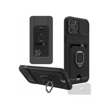 İphone 12 Pro Kılıf Zuma Kartvizitli Yüzüklü Silikon - Siyah