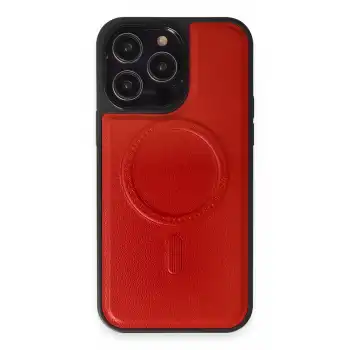 İphone 13 Pro Max Kılıf Ozzi Magsafe Deri Kapak - Kırmızı