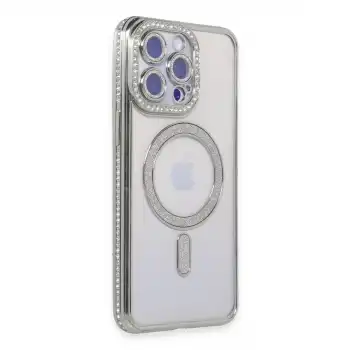 İphone 14 Pro Max Kılıf Joke Simli Magneticsafe Kılıf - Gümüş