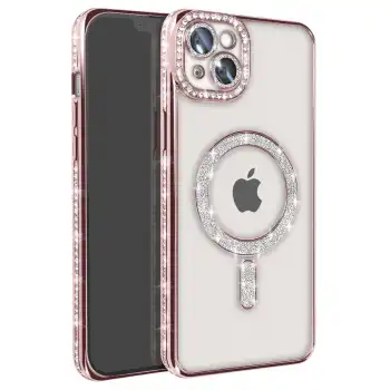 İphone 15 Kılıf Joke Simli Magneticsafe Kılıf - Pembe