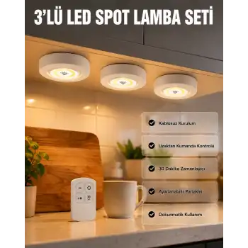 Kablosuz 3 Lü Spot Led Lamba Seti Uzaktan Kumandalı Enerji Tasarruflu Aydınlatma