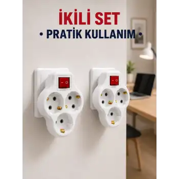 Kablosuz 3’lü Priz Çoklayıcı Açma Kapama Anahtarlı Duvar Tipi 2 Adet Set