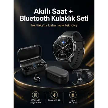 Kablosuz Bluetooth Kulaklık ve Kordon Hediyeli Akıllı Saat Nabız Ölçer Uzun Pil Ömrü
