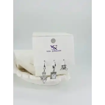 Kalp Detaylı Üçlü Kombin Küpe