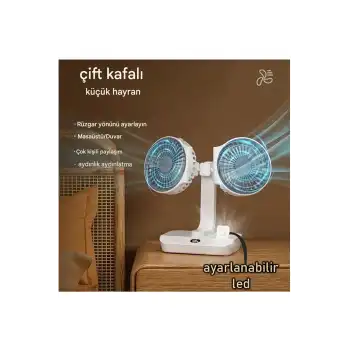 Masaüstü Dijital Ekranlı Çift Fanlı Led Işıklı Soğutucu Fan Ev Ofis Şarjlı Vantilatör