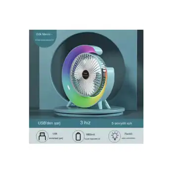 Masaüstü Vantilatör Usb Şarjlı Rgb Led Işıklı 3 Kademeli 180° Ayarlanabilir Soğutucu Fan Mavi