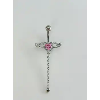 Melek Kanatlı  Pembe Taşlı Kalp Detaylı Sallantılı  Göbek Piercing