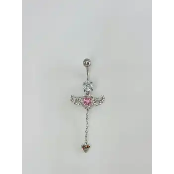 Melek Kanatlı Pembe Taşlı Sallantılı Göbek Piercing