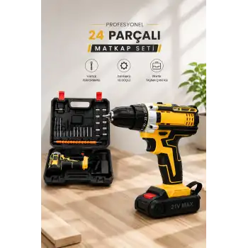 Metal Dişli 24W Akülü Matkap -Çift Bataryalı ve LED Çalışma Işığı ile Tam Set