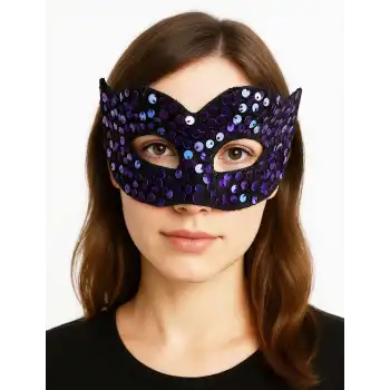 Mor Renk Arkadan Lastikli Pul Payet İşlemeli Balo After Parti Maskesi