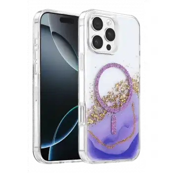 Onegif Apple İphone 16 Pro Max Lotus Simli Magsafe Kapak - Mor