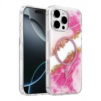 Onegif Apple İphone 16 Pro Max Lotus Simli Magsafe Kapak - Pembe