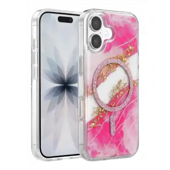 Onegif Apple İphone 17 Lotus Simli Magsafe Kapak - Pembe