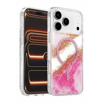 Onegif Apple İphone 17 Pro Max Lotus Simli Magsafe Kapak - Pembe