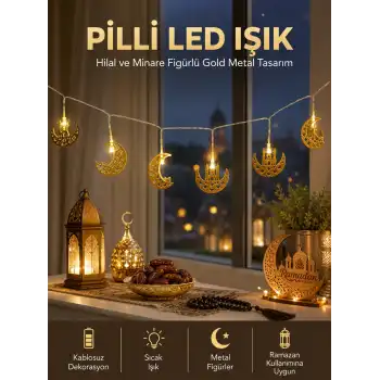 Pilli Minareli Hilal LED Işık Gold Metal Ramazan Dekorasyonu