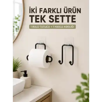 Pratik Yapışkanlı Rulo Kağıtlık ve Havlu Bez Askılığı 2 Parça Düzenleyici Set