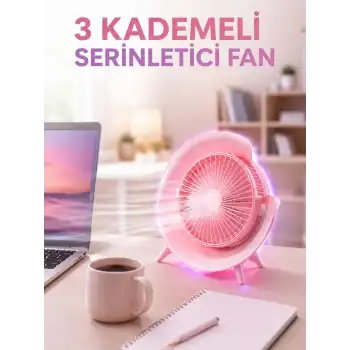 RGB Işıklı 3 Kademeli USB Şarjlı Masaüstü Vantilatör