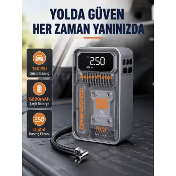 Şarjlı Kablosuz Hava Pompası – 150 PSI Basınç, LED Ekran ve 6000mAh Batarya