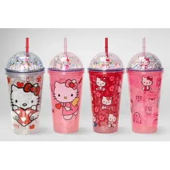 Sevimli Hello Kitty Işıklı Pipetli Boncuklu Suluk & Bardak 400 Ml Alk3145