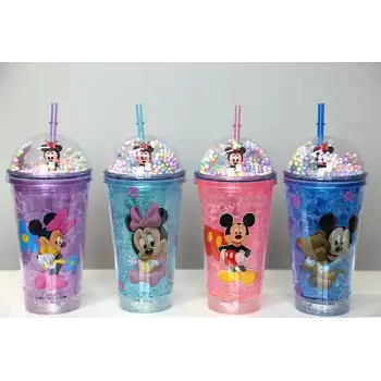 Sevimli Mickey Mouse Işıklı Pipetli Boncuklu Suluk & Bardak 400 Ml Alk3147