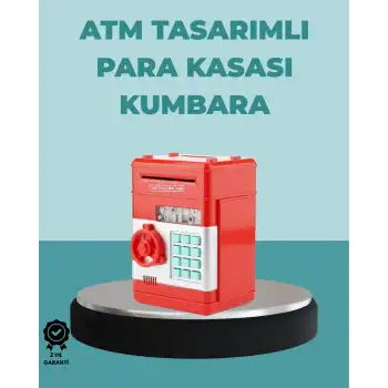 Şifreli Kırmızı ATM Tasarımlı Çelik Kasa Görünümlü Kumbara