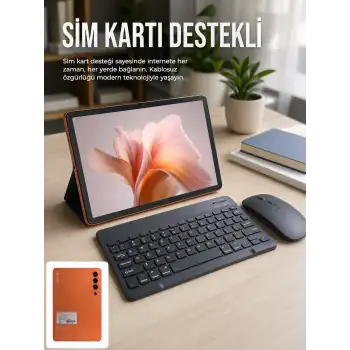 SIM Kart Destekli Android Tablet Bluetooth Klavye ve Kablosuz Mouse Seti Geniş Ekran Taşınabilir Tasarım