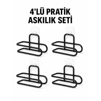 Siyah Metal WC Kağıtlık Yapışkanlı Duvar Tipi Tuvalet Kağıdı Tutucu Seti 4 Adet