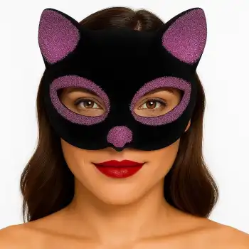 Siyah Renk Pembe Simli Süet Kaplama Kedi Maskesi 18x14 Cm