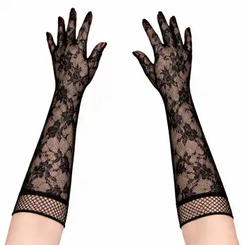 Siyah Uzun Gül Desenli Dantel Kadın Eldiveni