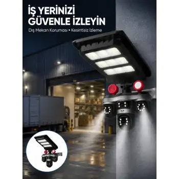 Solar Panelli 3 Lens Dış Mekan Güvenlik Kamerası Hareket Algılamalı LED Aydınlatmalı
