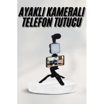 Telefon Tutucu Led Işıklı Kumandalı Mikrofon Telefon Vlog Video Kayıt