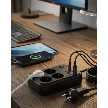 Termal Korumalı Uzatma Kablosu 4 Priz USB ve Type C Çoklu Şarj İstasyonu