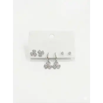 Üç Yaprak Çiçek Detaylı Altılı Küpe