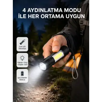Ultra Dayanıklı 4 Mod Şarjlı Işıldak | Suya ve Darbeye Dayanıklı | 100.000 Saat LED Ömrü
