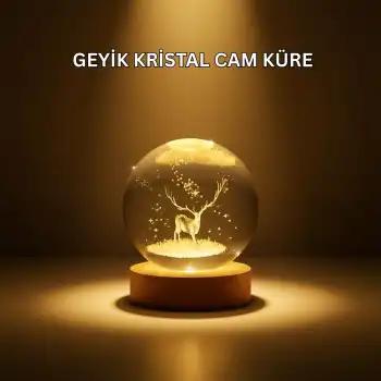 USB Bağlantılı Geyik Temalı Kristal Küre Premium Masa Gece Lambası
