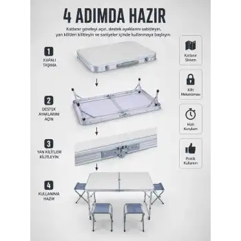 Valiz Tipi Katlanabilir Piknik Masası 4 Tabureli Taşınabilir Kamp Masası