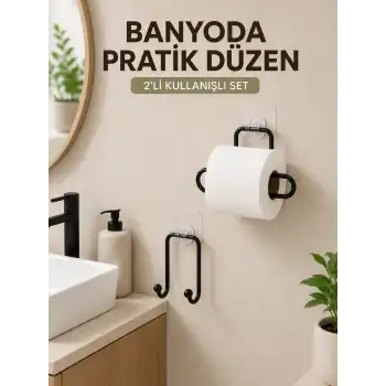 Vidasız Banyo Seti Yapışkanlı Tuvalet Kağıdı Tutucu ve Havlu Askısı 2’li Set
