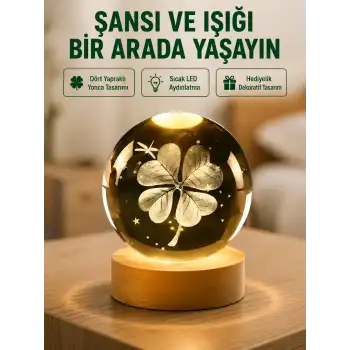 Yonca Figürlü Cam Küre USB Işıklı Ahşap Tabanlı Dekoratif Masa Lambası