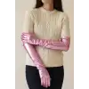 Uzun Boy Ekstra Parlak Saten Eldiven Pembe Renk