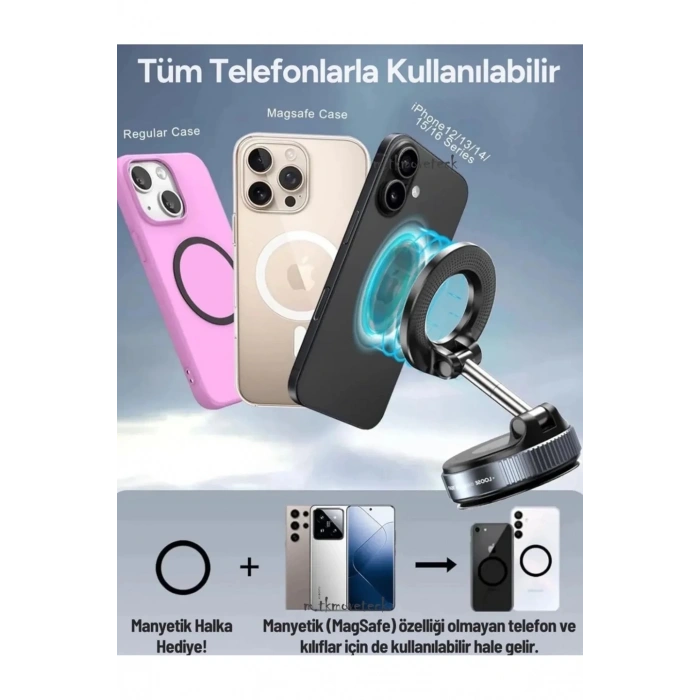 360 Dönebilen Ayarlanabilir Araç Içi Tutucu Kullanılabilen Vakumlu K007 Magsafe Telefon Tutucu