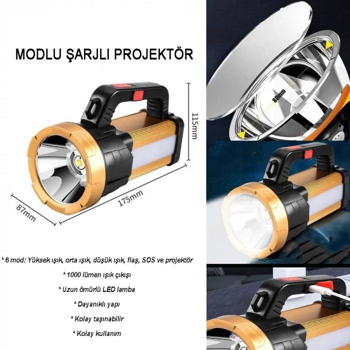 6 Mod Şarjlı El Feneri Projektör Tipi  Wt-615