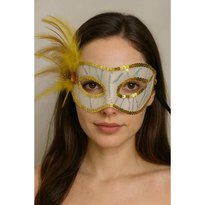 Altın Renk Yandan Tüylü Pul Payet İşlemeli Parti Maskesi 23x12 Cm