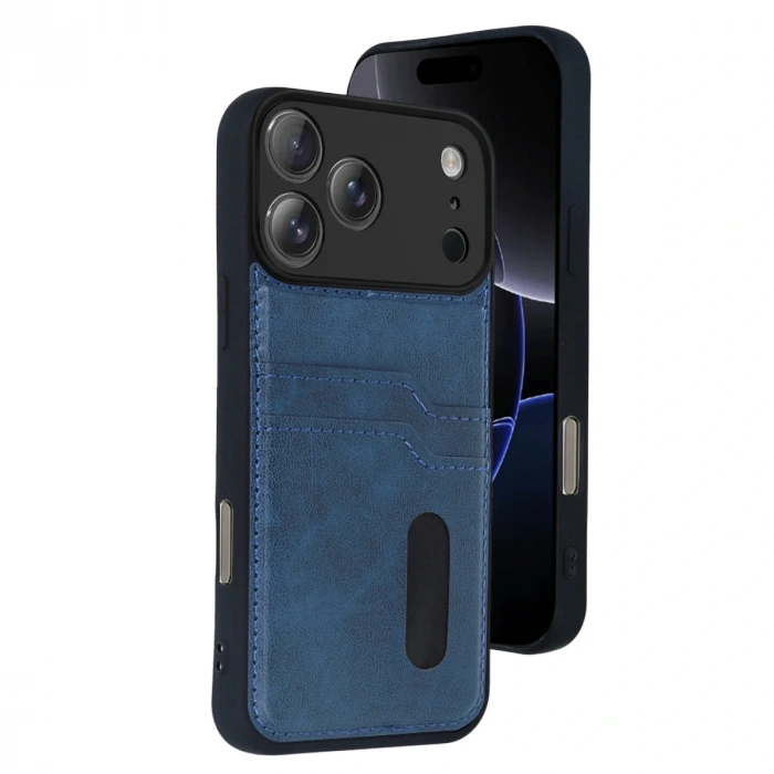 Apple İphone 17 Pro Max Sara Kartvizitli Deri Kılıf - Lacivert