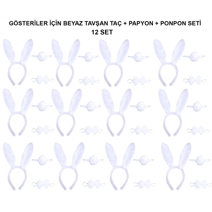 Beyaz Tavşan Kostüm Seti – Taç, Papyon, Kuyruk (12’li Paket)
