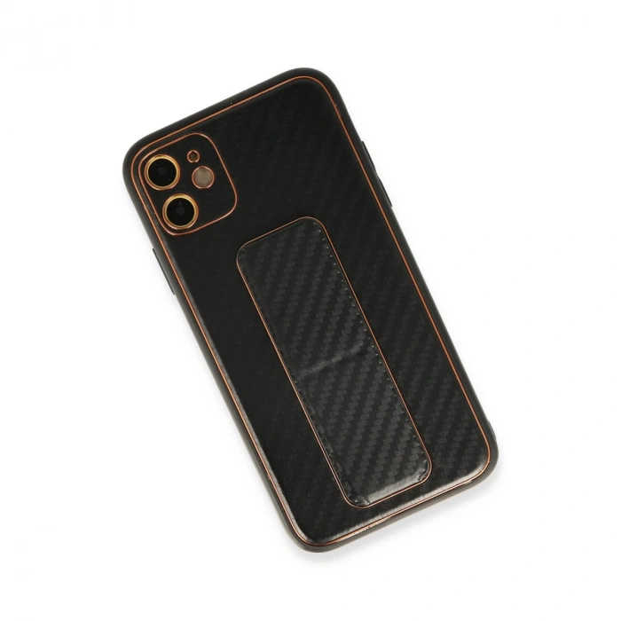 İphone 12 Kılıf Coco Karbon Standlı Kapak - Siyah