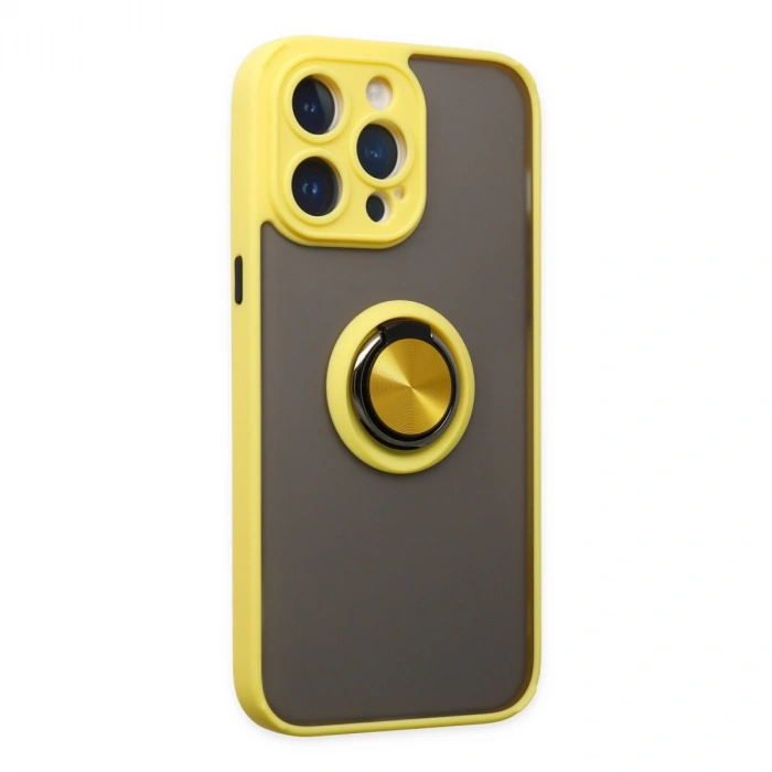 İphone 14 Pro Max Kılıf Montreal Yüzüklü Silikon Kapak - Sarı